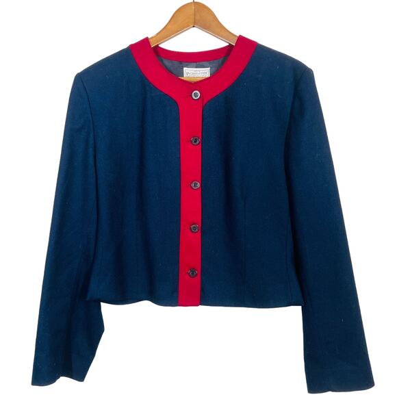 Vintage Miss Pendleton Virgin Wool Blazer Navy Maroon Button Front - M - Picture 2 of 6